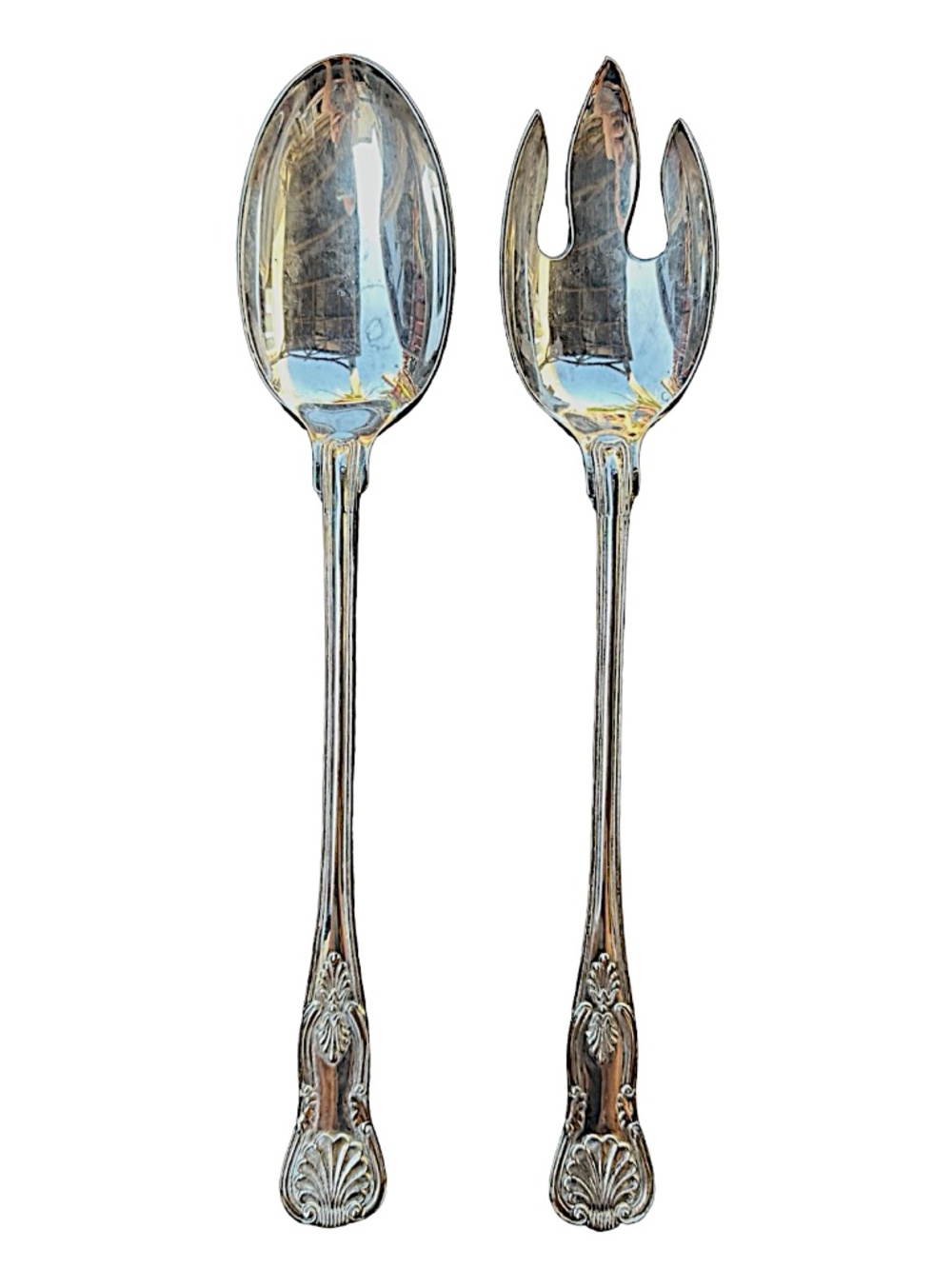 Vintage Large 12.75” Silverplate Serving Spoon Fork Set Ornate Shell Pattern